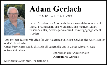 Traueranzeige von Adam Gerlach von Trauerportal Echo Online