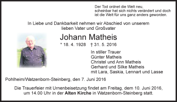 Traueranzeige von Johann Matheis von  Gießener Anzeiger