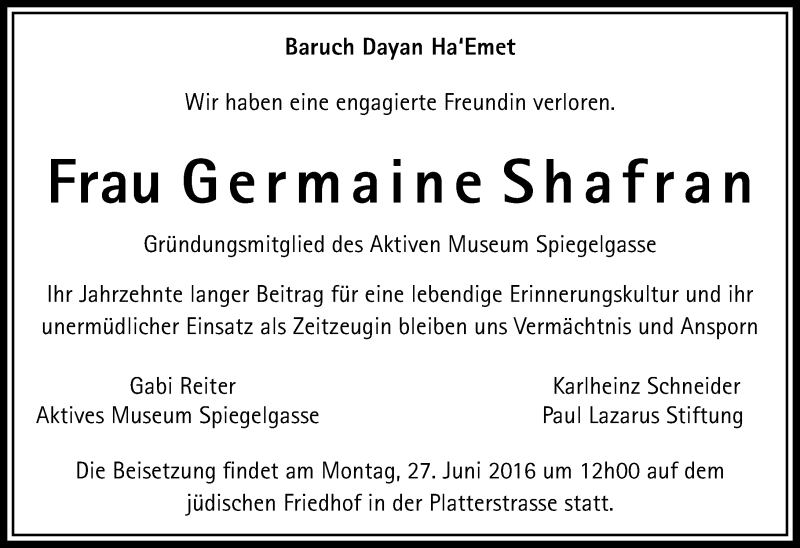  Traueranzeige für Germaine Shafran vom 27.06.2016 aus Trauerportal Rhein Main Presse