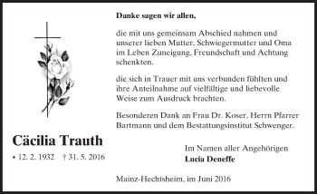 Traueranzeige von Cäcilia Trauth von Trauerportal Rhein Main Presse