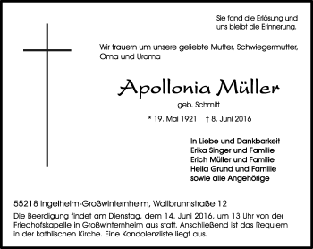 Traueranzeige von Apollonia Müller von  Allgemeine  Zeitung Ingelheim-Bingen