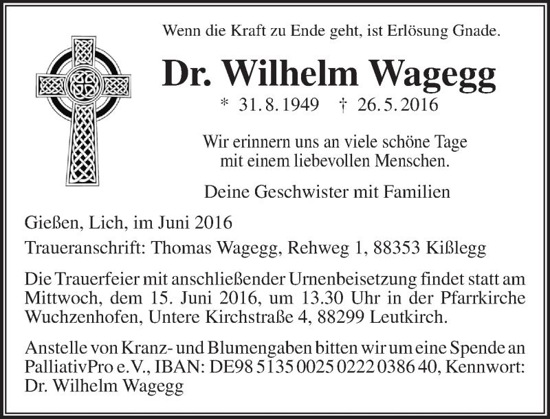  Traueranzeige für Wilhelm Wagegg vom 11.06.2016 aus  Gießener Anzeiger