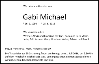 Traueranzeige von Gabriele Michael von Trauerportal Echo Online