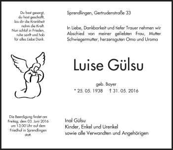 Traueranzeige von Luise Gülsu von  Allgemeine  Zeitung Ingelheim-Bingen