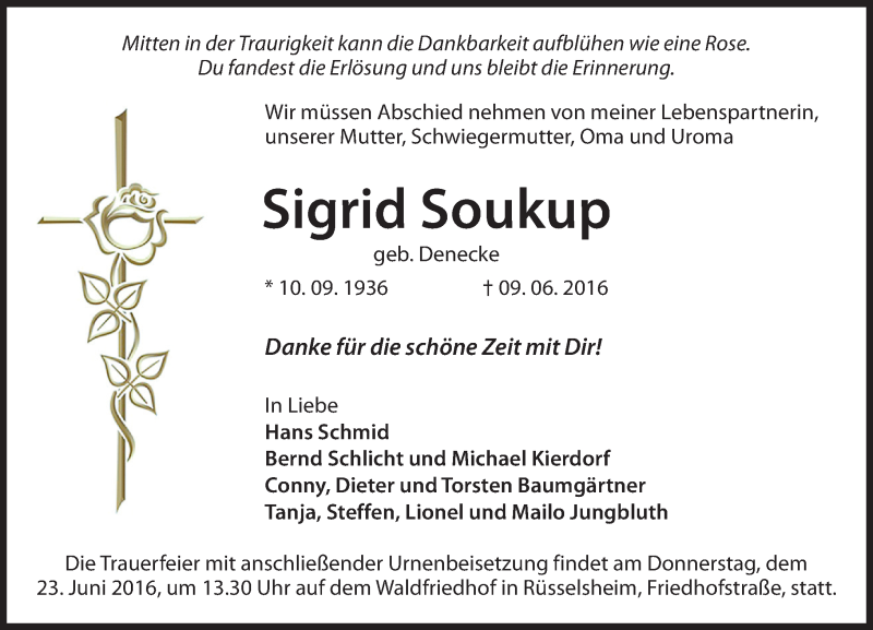  Traueranzeige für Sigrid Soukup vom 18.06.2016 aus Trauerportal Rhein Main Presse