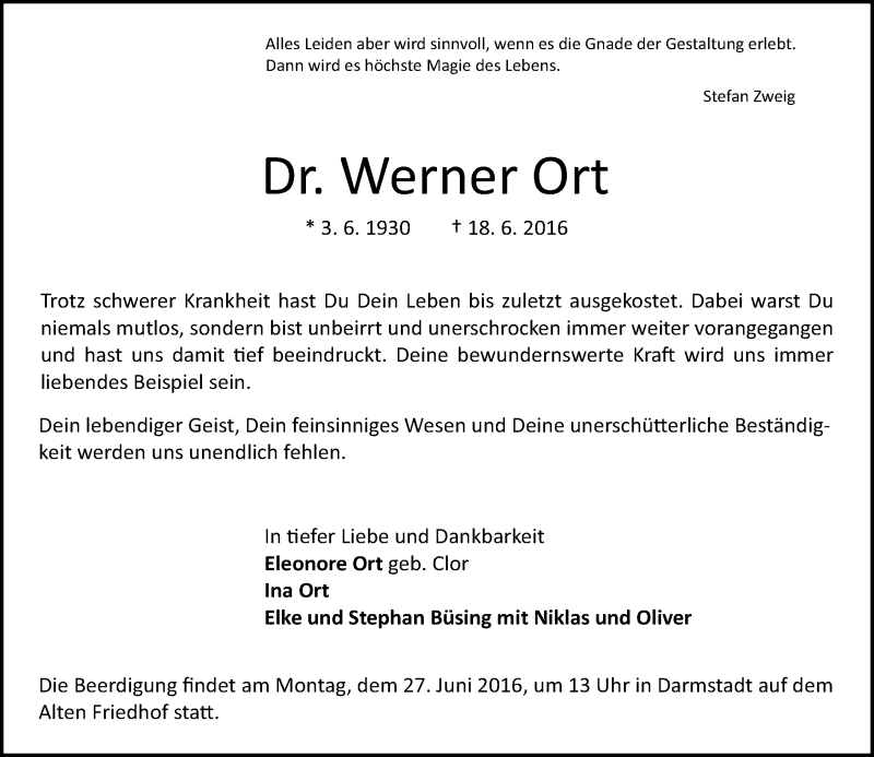  Traueranzeige für Werner Ort vom 22.06.2016 aus Trauerportal Echo Online