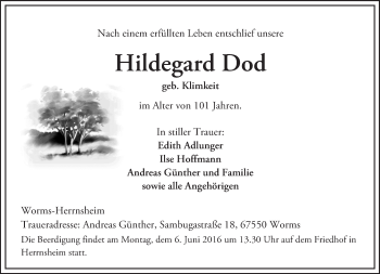 Traueranzeige von Hildegard Dod von  Wormser Zeitung