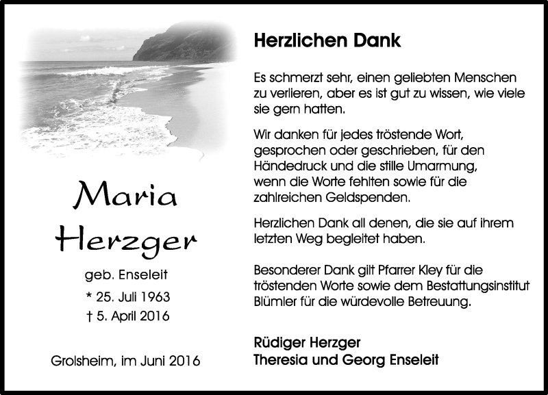  Traueranzeige für Maria Herzger vom 04.06.2016 aus  Allgemeine  Zeitung Ingelheim-Bingen