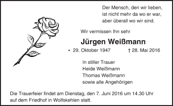 Traueranzeige von Jürgen Weißmann von Trauerportal Echo Online