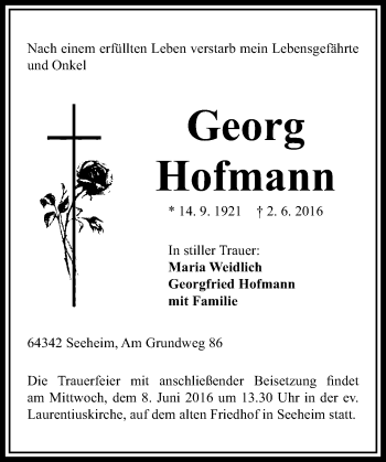 Traueranzeige von Georg Hofmann von Trauerportal Echo Online