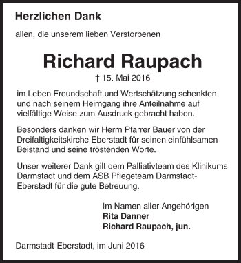 Traueranzeige von Richard Raupach von Trauerportal Echo Online