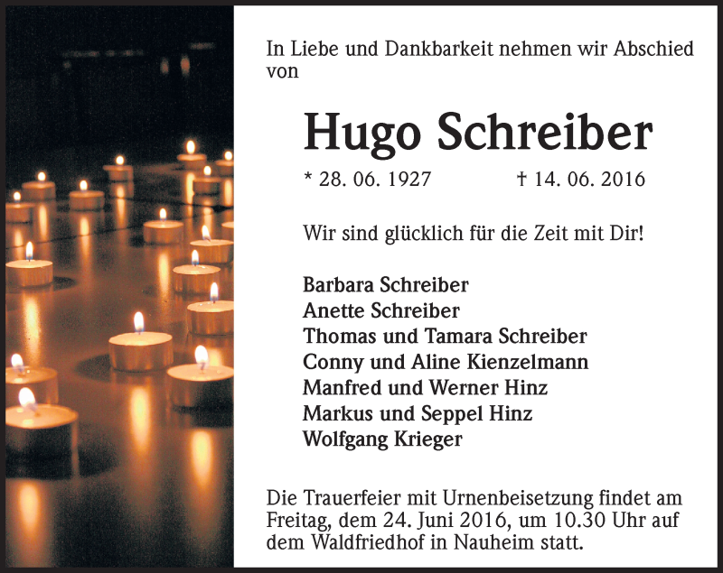  Traueranzeige für Hugo Schreiber vom 18.06.2016 aus Trauerportal Echo Online