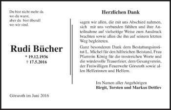 Traueranzeige von Rudi Bücher von Trauerportal Rhein Main Presse