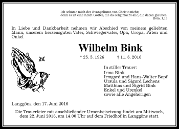 Traueranzeige von Wilhelm Bink von  Gießener Anzeiger