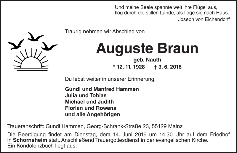  Traueranzeige für Auguste Braun vom 09.06.2016 aus  Allgemeine Zeitung Alzey