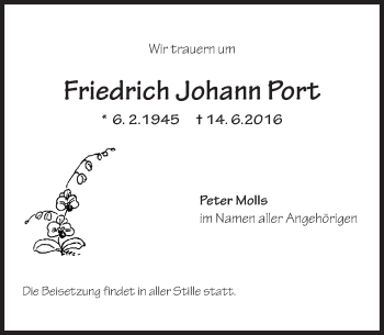 Traueranzeige von Friedrich Johann Port von Trauerportal Rhein Main Presse