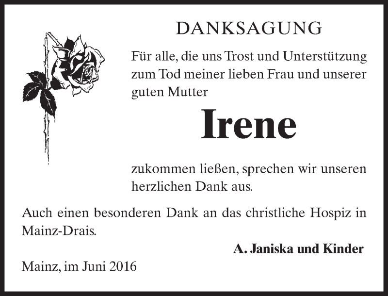  Traueranzeige für Irene  vom 04.06.2016 aus  Allgemeine Zeitung Mainz