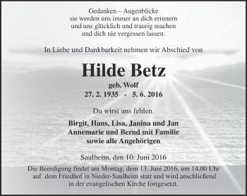 Traueranzeige von Hilde Betz von  Allgemeine Zeitung Alzey