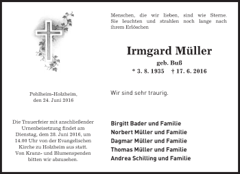 Traueranzeige von Irmgard Müller von  Gießener Anzeiger