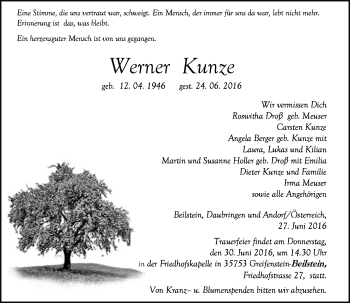 Traueranzeige von Werner Kunze von  Gießener Anzeiger