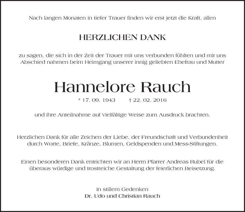  Traueranzeige für Hannelore Rauch vom 04.06.2016 aus  Wormser Zeitung