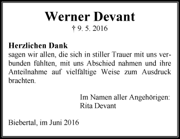 Traueranzeige von Werner Devant von  Gießener Anzeiger