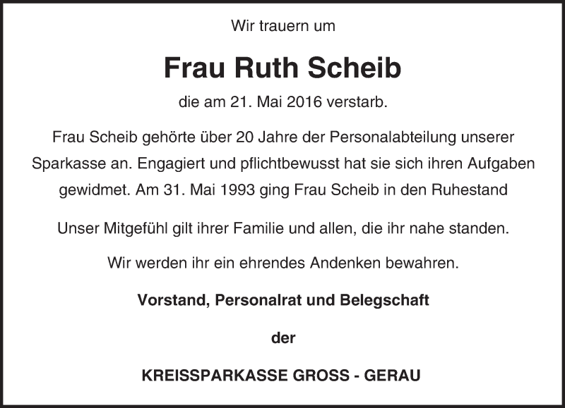 Traueranzeige für Ruth Scheib vom 04.06.2016 aus Trauerportal Echo Online