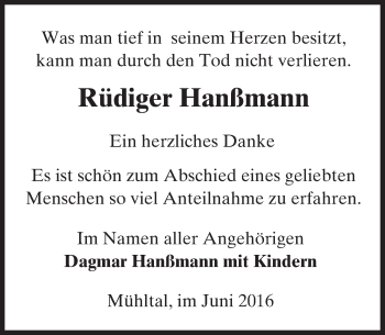 Traueranzeige von Rüdiger Hanßmann von Trauerportal Echo Online