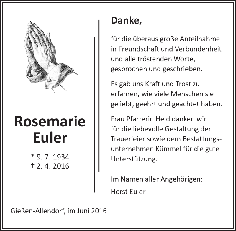  Traueranzeige für Rosemarie Euler vom 04.06.2016 aus  Gießener Anzeiger