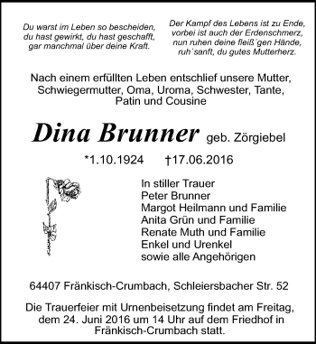 Traueranzeige von Dina Brunner von Trauerportal Echo Online