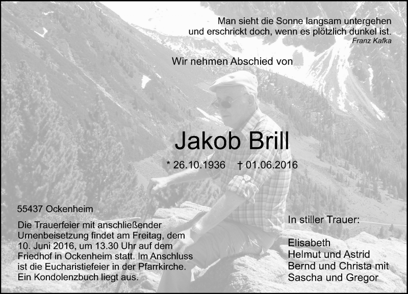  Traueranzeige für Jakob Brill vom 04.06.2016 aus  Allgemeine  Zeitung Ingelheim-Bingen