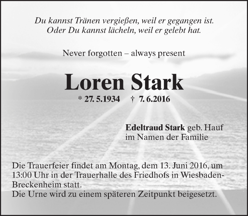  Traueranzeige für Loren Stark vom 11.06.2016 aus  Wiesbaden komplett