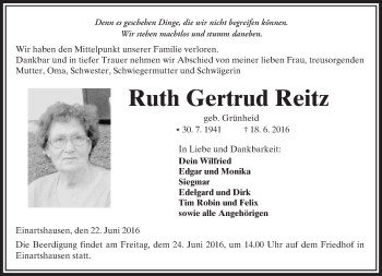 Traueranzeige von Ruth Gertrud Reitz von  Kreisanzeiger