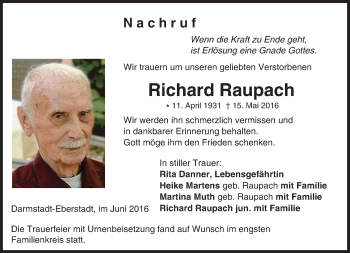 Traueranzeige von Richard Raupach von Trauerportal Echo Online