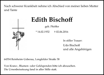 Traueranzeige von Edith Bischoff von Trauerportal Echo Online