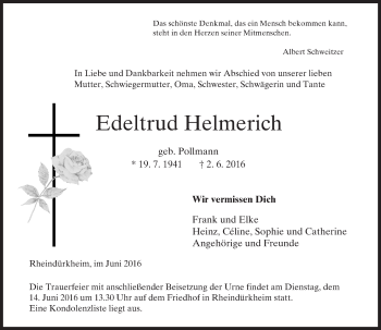 Traueranzeige von Edeltrud Helmerich von  Wormser Zeitung