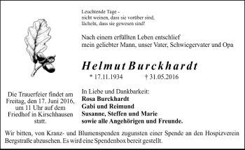 Traueranzeige von Helmut Burckhardt von Trauerportal Echo Online
