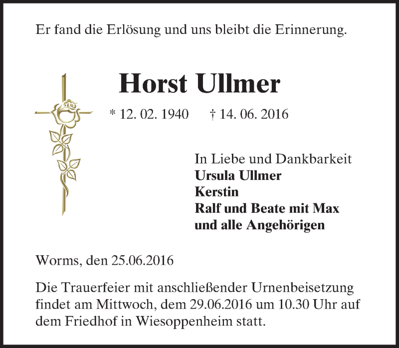  Traueranzeige für Horst Ullmer vom 25.06.2016 aus Trauerportal Rhein Main Presse