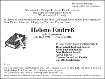 Traueranzeige von Helene Endreß von  Allgemeine Zeitung Alzey