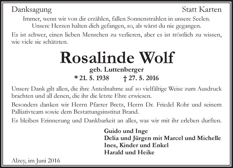  Traueranzeige für Rosalinde Wolf vom 11.06.2016 aus  Allgemeine Zeitung Alzey