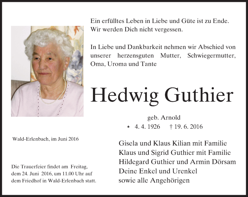  Traueranzeige für Hedwig Guthier vom 22.06.2016 aus Trauerportal Echo Online