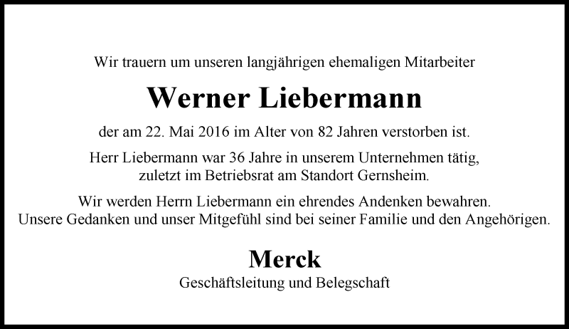  Traueranzeige für Werner Liebermann vom 08.06.2016 aus Trauerportal Echo Online