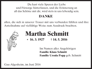 Traueranzeige von Martha Schmitt von  Allgemeine  Zeitung Ingelheim-Bingen