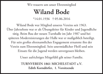 Traueranzeige von Wiland Bode von Trauerportal Echo Online