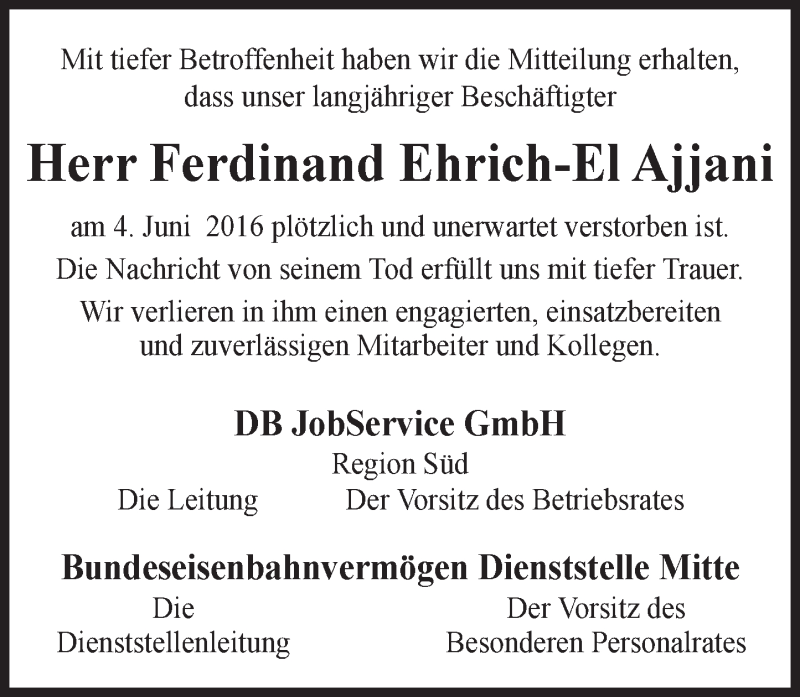 Traueranzeige für Ferdinand  Ehrich-El Ajjani vom 25.06.2016 aus Trauerportal Echo Online