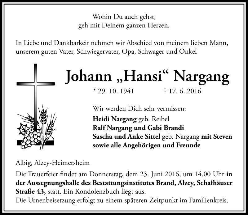  Traueranzeige für Johann Nargang vom 20.06.2016 aus Trauerportal Rhein Main Presse
