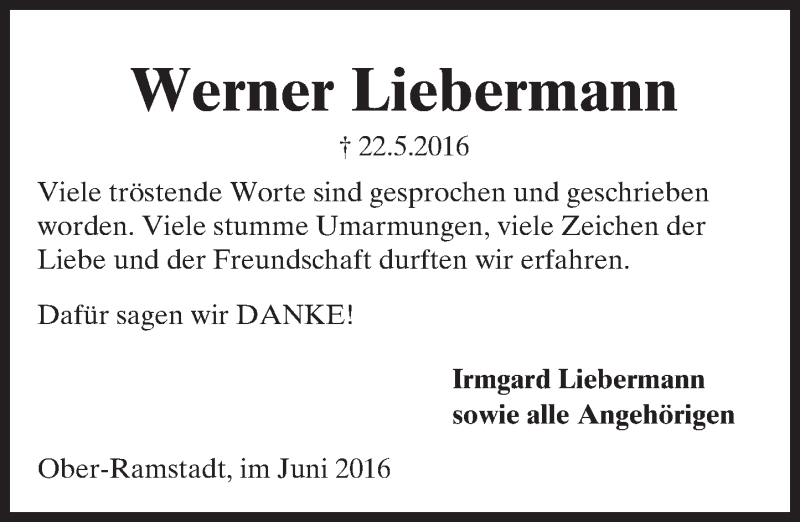 Traueranzeige für Werner Liebermann vom 25.06.2016 aus Trauerportal Echo Online
