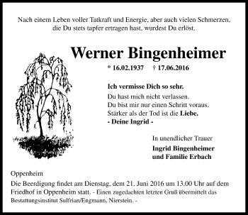 Traueranzeige von Werner Bingenheimer von Trauerportal Rhein Main Presse
