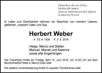 Traueranzeige von Herbert Weber von  Allgemeine Zeitung Mainz