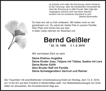 Traueranzeige von Bernd Geißler von  Gelnhäuser Tageblatt